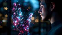 Young caucasian man in profile view with glowing digital hand projection featuring constellation effect, pink and blue neon lights against dark background with bokeh lights.