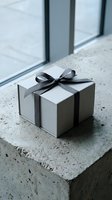 Elegant white gift box with black satin ribbon bow on concrete windowsill in modern minimalist interior for special occasions and celebrations.