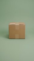 Closed cardboard shipping box with kraft paper tape on sage green background, ready for delivery, packaging, and logistics design projects.