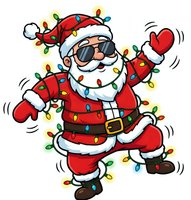 Cool Santa Claus dancing with sunglasses wrapped in colorful Christmas lights on white background. Holiday party celebration cartoon character isolated.