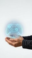 Holographic gaming controller floating above open hands showcasing future technology and digital entertainment innovation for modern gaming concepts.