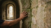 Mature man's hand touching weathered stone wall with moss inside ancient arched passageway, suggesting exploration, history, and architectural heritage for editorial and travel content.