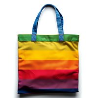 Colorful rainbow striped tote bag with blue handles isolated on white background, perfect for shopping, beach, or pride events. Modern eco-friendly reusable shopping solution.