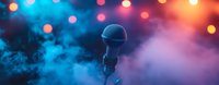 Silhouette of microphone against vibrant bokeh lights and atmospheric smoke in blue and orange colors, creating dramatic stage atmosphere for music performance.