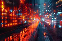Digital binary code projection on wet city street at night with glowing red and blue lights reflecting on rainy surface.