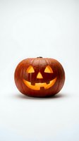Carved Halloween pumpkin jack-o-lantern with glowing face isolated on white background for seasonal decorations and autumn holiday designs.