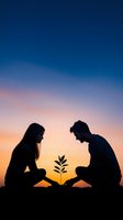 Young couple silhouettes planting tree sapling together at sunset with colorful sky background symbolizing growth, teamwork and environmental care.