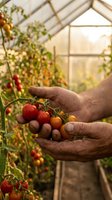 Farmer hands holding fresh ripe cherry tomatoes in greenhouse. Organic vegetable gardening and sustainable agriculture concept for healthy food production.