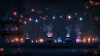 Mystical laboratory with glowing potions, smoking vials and burning candles on dark shelves against starry night sky background with magical bokeh lights.