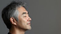 Serene profile portrait of mature Asian man with gray hair and closed eyes against neutral background, expressing peace and mindfulness in minimalist style.