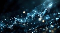 Glowing blue financial chart with upward trend arrow made of connected dots and particles on dark background with bokeh effect. Digital business concept.