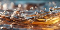 Dynamic water splash with crystal clear droplets frozen in motion creating elegant curves and waves with golden lighting effects.