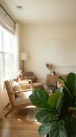 Curious tabby cat peeking through large green houseplant leaves in bright modern living room with natural sunlight streaming through windows.