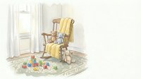Cozy nursery corner with wooden rocking chair, yellow blanket, teddy bear and colorful toy blocks on soft rug near bright window for baby room decor.