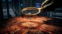 Hand holding magnifying glass examining glowing orange circuit board with intricate electronic pathways in dark tech laboratory environment for analysis.