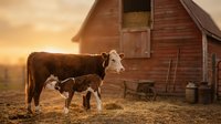 Cow and calf standing together in farmyard at golden hour sunset near rustic red barn, depicting rural livestock agriculture and family bonding on farm.