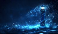 Majestic lighthouse illuminated at night with glowing blue magical particles and stormy ocean waves creating mystical maritime atmosphere.