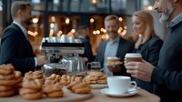Business professionals enjoying coffee break with fresh pastries and beverages at modern cafe counter, casual meeting atmosphere with warm lighting and coffee equipment.