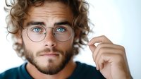 Young Caucasian man with curly hair and beard wearing round glasses, touching eyewear frame while looking at camera against white background for vision care concepts.
