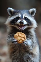 Excited raccoon holding and eating cookie with happy expression, showing teeth and bright eyes against dark background, close-up portrait of wild animal.