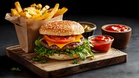Fresh cheeseburger with beef patty, lettuce, tomato on sesame bun served with golden french fries and assorted sauces on wooden board against dark background.