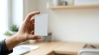 Young adult male hand holding blank white card in modern office workspace with natural light and wooden desk for mockup and branding purposes.