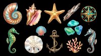 Nautical and ocean themed collection featuring isolated seashells, starfish, seahorse, anchor, compass, gemstones and coral elements on transparent background. Ready for t-shirt design, clipart, stickers, sublimation and print-on-demand projects.