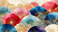 Colorful abstract fan pattern with pink, blue, and gold circular shapes creating an elegant Asian-inspired decorative background.
