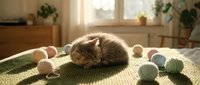 Adorable tabby kitten sleeping peacefully on knitted blanket surrounded by colorful yarn balls in cozy sunlit room with houseplants and wooden furniture.
