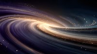 Cosmic spiral galaxy with swirling golden and blue light streams against dark space background, creating mesmerizing celestial formation.