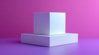 White geometric cube podium on purple gradient background with soft lighting and shadows for product display and presentation purposes.