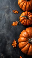 Orange pumpkins and autumn leaves arranged on dark textured background, creating seasonal harvest composition for Halloween or Thanksgiving.