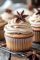 Vanilla cupcake with creamy frosting swirl topped with star anise and cinnamon dust on rustic wooden surface, macro food photography for bakery marketing.