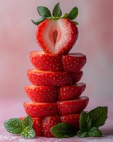 Fresh strawberry slices stacked in a tower formation with mint leaves against soft pink background, perfect for food blogs and recipe illustrations.