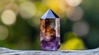 Natural amethyst crystal point with smoky quartz inclusions on stone surface against blurred bokeh background, displaying purple and golden hues in sunlight.