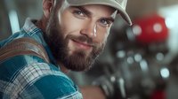 Bearded Caucasian man in plaid shirt and baseball cap smiling confidently at camera. Professional craftsman or construction worker portrait with soft lighting.