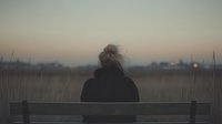Woman sitting alone on wooden bench at dusk, viewing sunset through tall grass reeds. Moody atmospheric countryside scene captures solitude and contemplation.