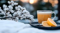 Hot winter tea with orange slices served on dark plate near snow covered branch with bokeh lights in background, cozy seasonal drink composition.
