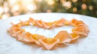 Peach rose petals arranged in a heart shape on a marble surface with soft bokeh green background, romantic Valentine concept.