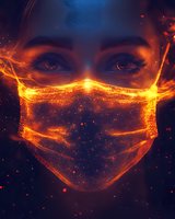 Glowing orange protective mask on dark background with intense female eyes and magical particle effects creates mystical healthcare concept.
