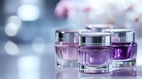 Luxury cosmetic jars with purple and pink cream on reflective surface with soft bokeh lights background for skincare and beauty product advertising.