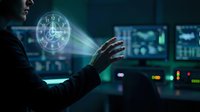 Businessman in dark suit interacting with glowing holographic clock interface in modern control room, representing time management, digital technology, and future innovation for business solutions.