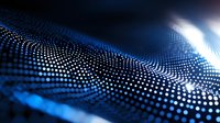 Abstract digital wave pattern of glowing dots forming dynamic surface in deep blue and black background with light effects, modern technology concept.