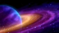 Cosmic scene featuring luminous planet with glowing rings against vibrant purple and orange nebula background, stars scattered across deep space creating mystical atmosphere.