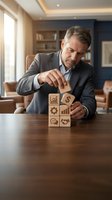 Middle-aged Caucasian businessman in gray suit stacking wooden blocks with business icons on office desk, representing strategic planning and growth concepts.