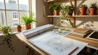 Architect workspace with blueprints and plants by sunny window. Professional drafting table setup for creative design work in bright home office interior.