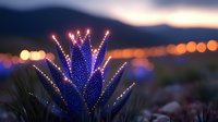 Glowing blue flower with sparkling lights against blurred city bokeh at dusk, magical fantasy garden atmosphere creates dreamy nature background.