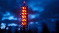 Illuminated telecommunications tower glowing orange against dramatic night sky with blue clouds, creating atmospheric industrial landscape.