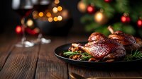 Roasted duck with crispy skin served on black plate with herbs and mushrooms against festive Christmas background with bokeh lights and decorations.