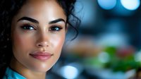 Young Hispanic woman with curly hair and natural makeup gazing thoughtfully against blurred blue bokeh background. Perfect for beauty, wellness, or lifestyle advertising.